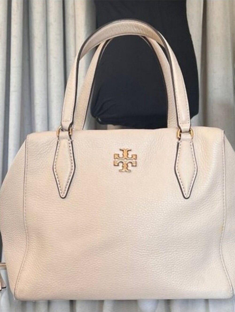 both*** Tory Burch Ivory Pebbled Leather Satchel Bag With Gold Logo & Dual Handl